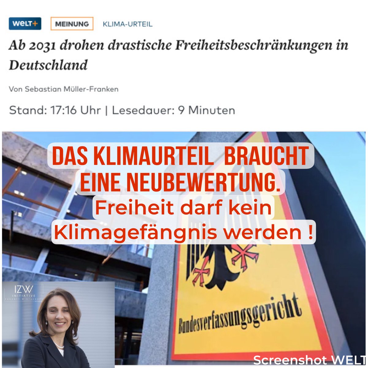 #Freiheit darf kein #Klimagefängnis werden.
Unter dem Einfluss von #China, #NGOs und neuen #Gerichtspersonalien bekommt das Klimaurteil von 2021 eine neue Dimension.
Zeit für eine #Neubewertung, fordert die #IZW - Initiative Zukunft Wirtschaft Deutschland e.V. 
🔗 Zum