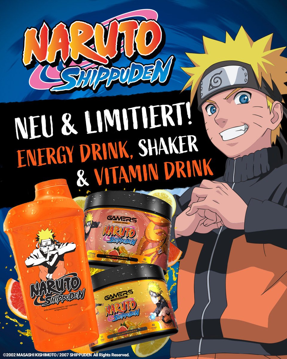 NEU: Naruto YELLOW Chakra 🍋🍊⚡
– ENTFESSLE DEINE CHAKRA-POWER!

Shinobi aufgepasst! Die neue Naruto YELLOW Chakra Edition ist da! 🔥 Hol dir jetzt den ultimativen Zitrusfrüchte-Kick als Performance oder Vitamin Drink – plus den exklusiven Shaker im Naruto Shippuden Design!🫸🫷