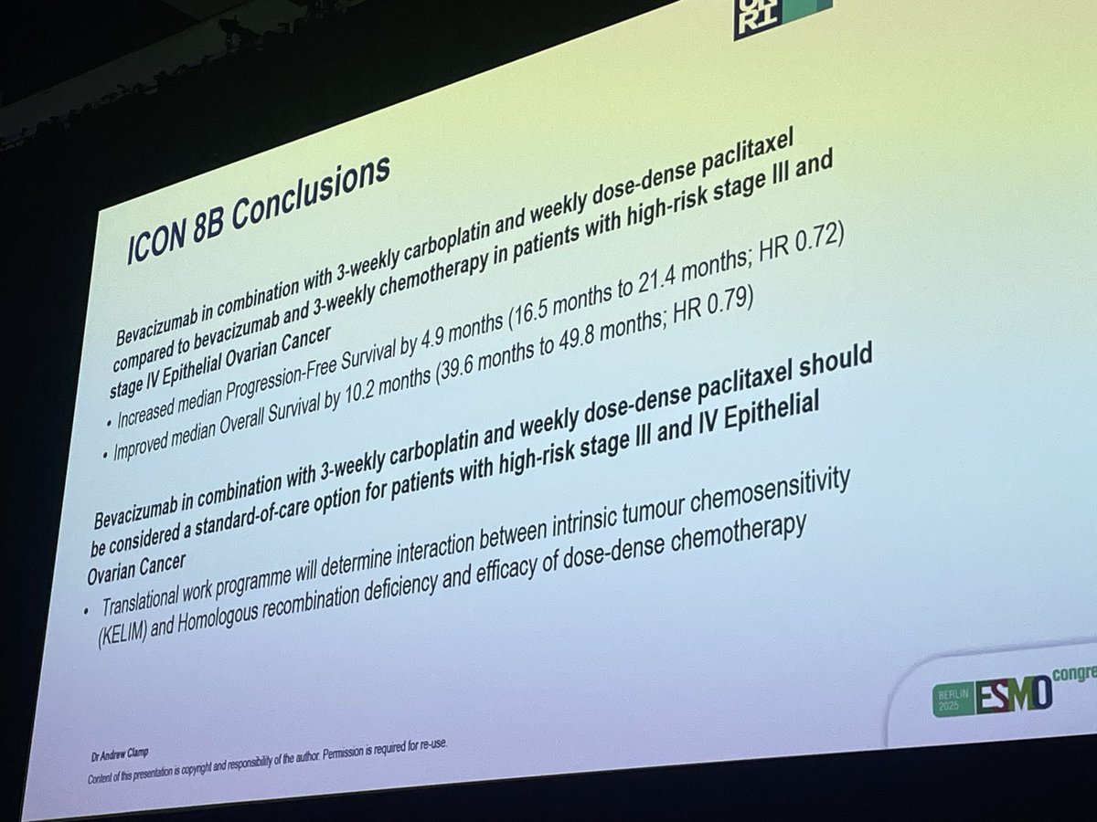 Impressive impact on OS by carbo-weekly pacli +bev vs same regimen but with three-weekly paclitaxel!!! This is going to be very provocative!! Don’t miss this communication. Fantastic prrsentation by Dr Clamp of the ICON8b in <a href="/myESMO/">ESMO - Eur. Oncology</a> #esmo2025