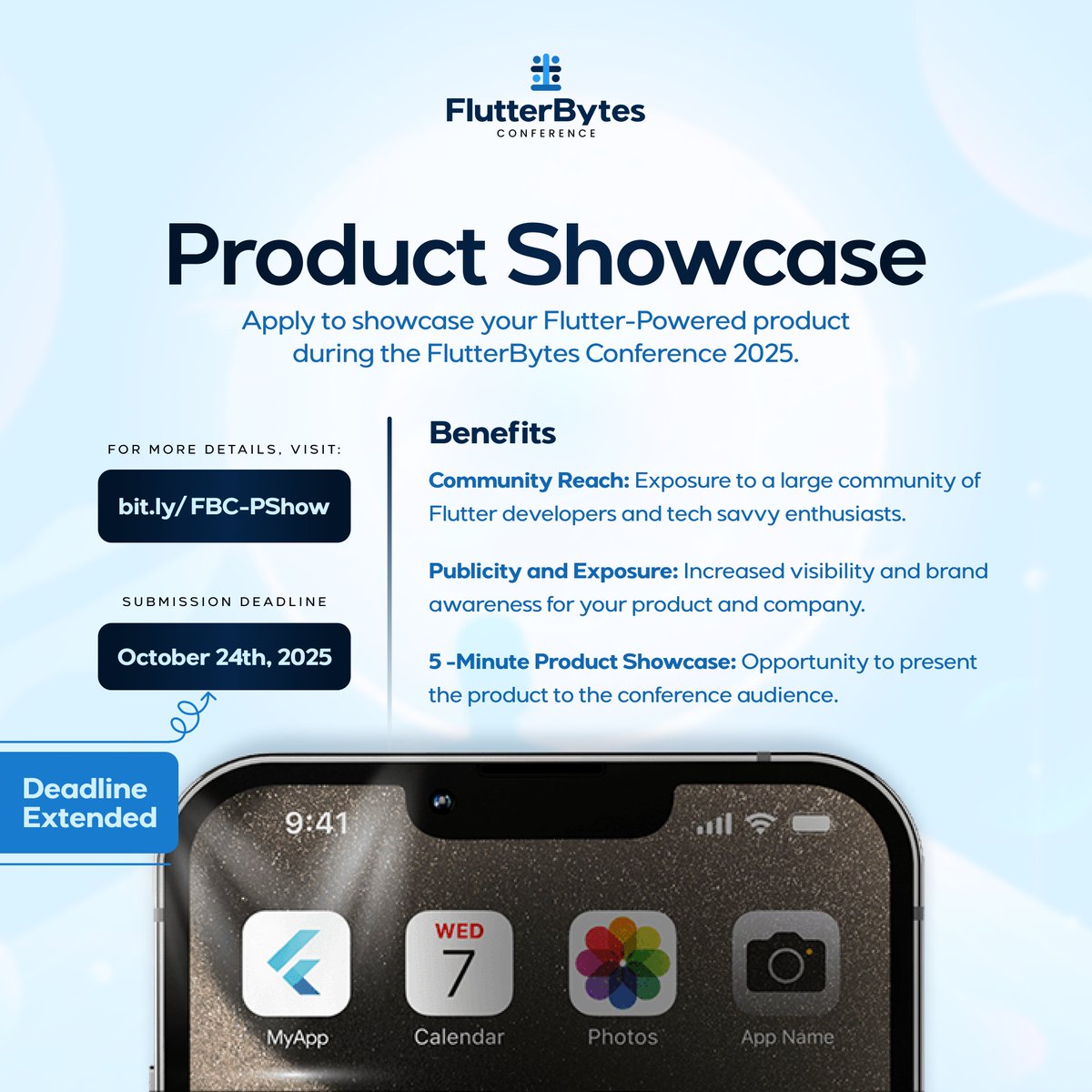flutterbyteconf's tweet image. 🚨 EXTENSION ALERT! 🚨
The deadline for the #FBC25 Product Showcase has been extended until October 24th! This is your FINAL chance to show your work to the Flutter world.
Get that submission in! 👇
bit.ly/FBC-PShow
Get your ticket to attend: bit.ly/FBC25-Tickets…