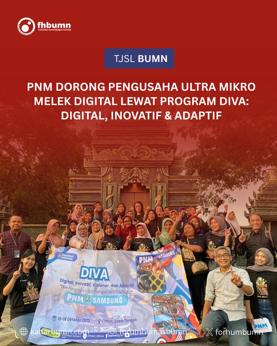 ForHumBUMN's tweet image. Program DIVA merupakan bentuk pendampingan usaha bagi 30 nasabah PNM Mekaar dari sektor kerajinan batik, tenun, dan kriya yang berasal dari Cabang Yogyakarta dan Cirebon. Tujuannya adalah membantu para pelaku usaha ultra mikro agar dapat mengoptimalkan digital marketing.