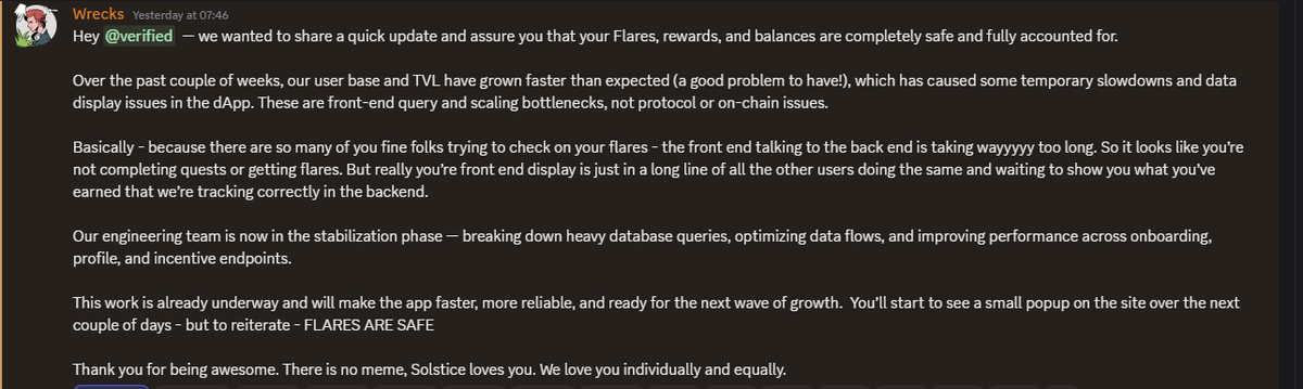 Proper communication is one thing to always look out for in any project.

That’s one of the many reasons I’m bullish on <a href="/solsticefi/">Solstice</a>.

Not only are there always active moderators in the Discord server answering everyone’s questions (even the repeated ones)...

But the team also