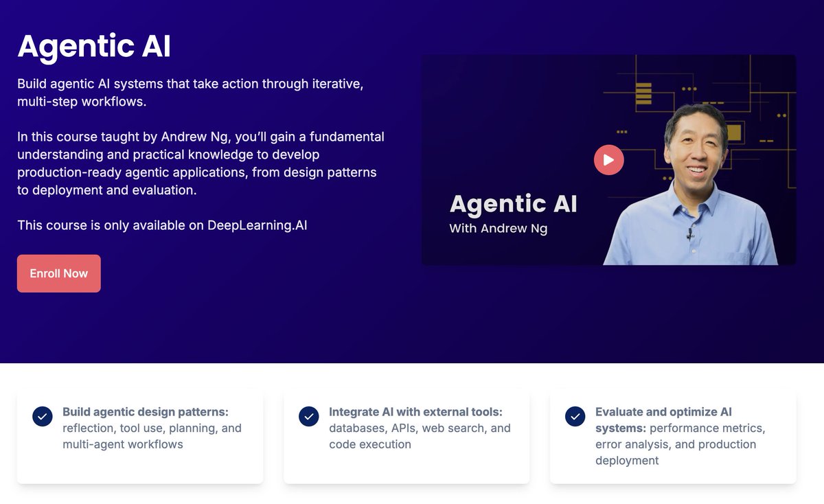 Sumanth_077's tweet image. Andrew Ng just dropped a new free course on Agentic AI!
This course teaches you how to build agentic systems that take action through iterative, multi-step workflows.
100% Free