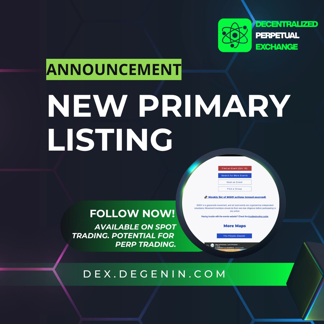 ⭐️Decentralized Perpetual Exchange is announcing exclusive primary listing for$50501 x.com/Web3to888btc/s…

✅Currently available on spot trading, with the potential to be listed on perpetual trading.

🔗Trade now: dex.degenin.com/spot/bsc/50501…
 $ETH $pDGN