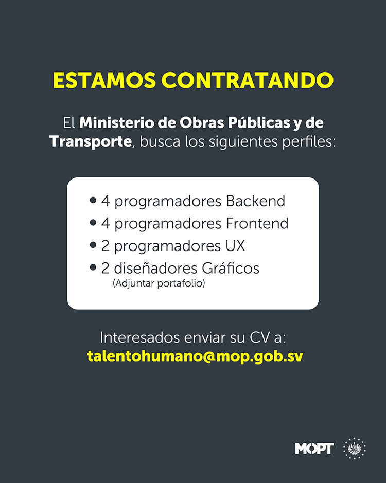RomeoHerrera1's tweet image. Estamos fortaleciendo nuestro equipo digital.
Buscamos talentos creativos y desarrolladores.
Envía tu CV a talentohumano@mop.gob.sv