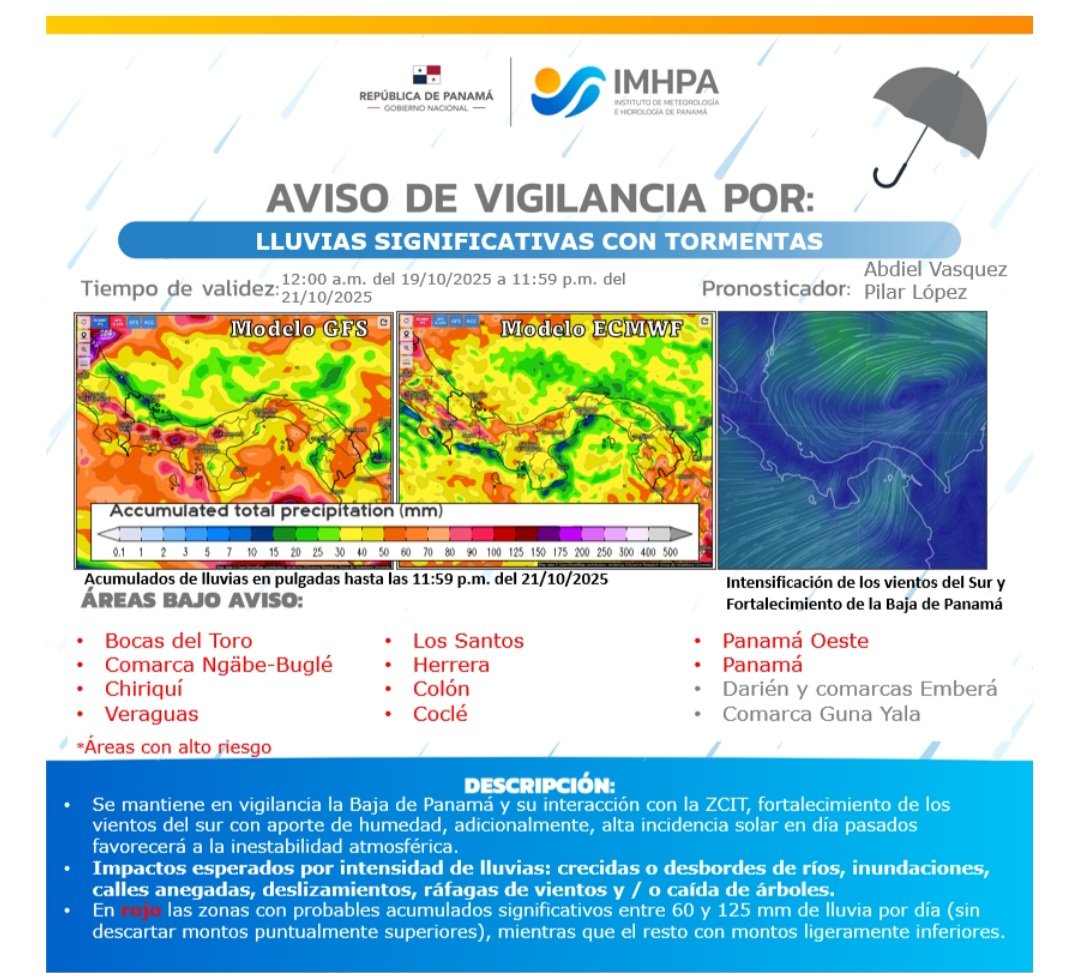 📣 Aviso de Vigilancia por Lluvias Significativas con Tormentas.

Aviso válido hasta las 11:59 p.m del 21 de octubre de 2025.

Pronóstico por los meteorólogos del IMHPA Pilar López y Abdiel Vásquez. 

Para más información visita imhpa.gob.pa