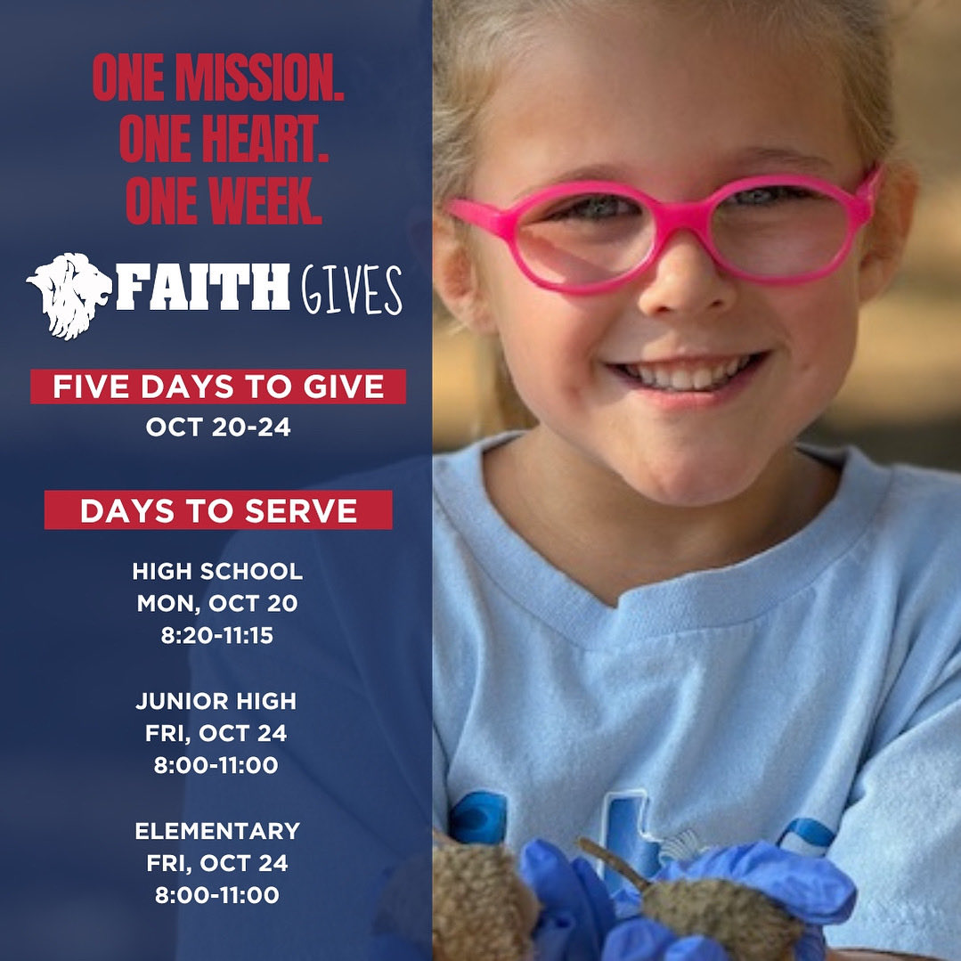 Join us for our favorite week of the year: FAITH GIVES! Our opportunity to serve our community while raising funds for GFCS! Our goal is $175,000 for Thanksgiving Basket Outreach, Technology, Advancement Initiatives. #WeAreFaith