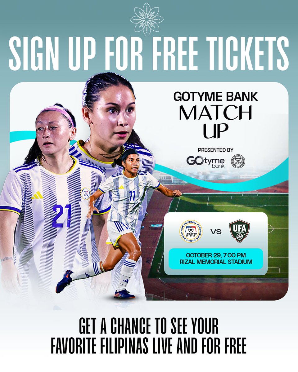 Philippine Women's National Football Team (@pilipinaswnft) on Twitter photo β Get a chance to see your favorite member of the Filipinas LIVE and for FREE at the #GotymeBankMatchUp between the Philippines and Uzbekistan presented by the PFF and <a href="/gotymebank/">gotymebank</a> on Oct 29 at 7PM at RMS.
Sign up now at the following link: forms.gle/FimyjrNEZx3WwNβ¦ β¬
οΈ β Get a chance to see your favorite member of the Filipinas LIVE and for FREE at the #GotymeBankMatchUp between the Philippines and Uzbekistan presented by the PFF and <a href="/gotymebank/">gotymebank</a> on Oct 29 at 7PM at RMS.
Sign up now at the following link: forms.gle/FimyjrNEZx3WwNβ¦ β¬
οΈ