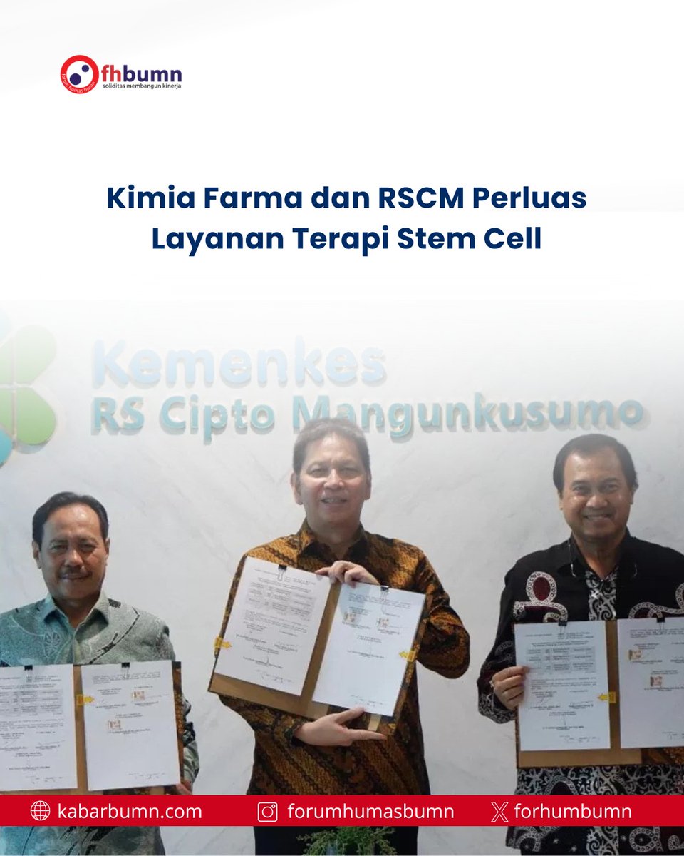 ForHumBUMN's tweet image. Sebagai langkah memperluas jangkauan dan pemerataan akses pelayanan, Kimia Farma dan RSCM menggandeng RSUP Dr. Hasan Sadikin (RSHS) Bandung. Kerja sama tersebut resmi dituangkan dalam Penandatanganan Kerja Sama Pelayanan Terapi Stem Cell antara Kimia Farma, RSCM, dan RSHS.
