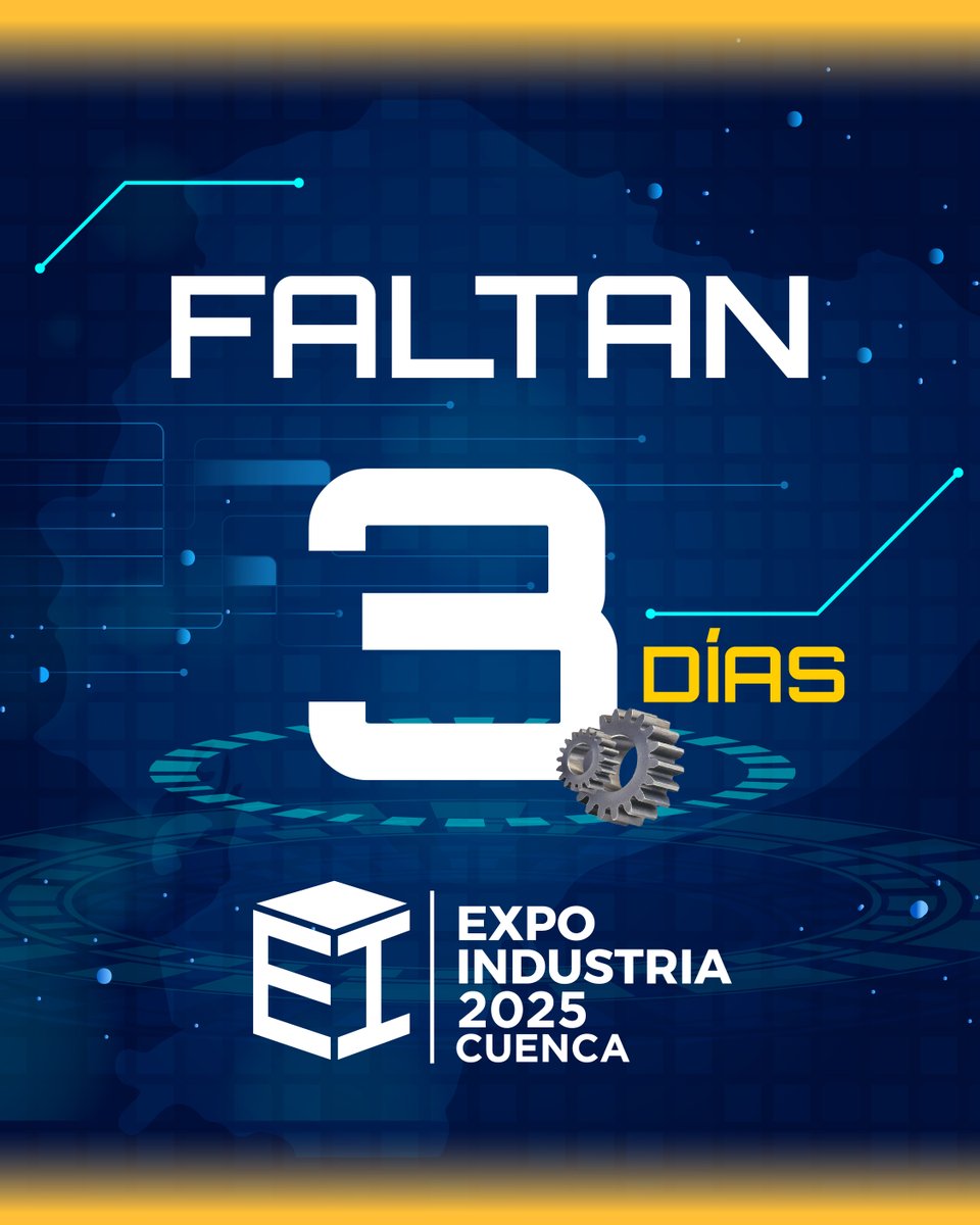 ⚙️ Faltan 3 días

¡Ya casi comienza la experiencia que todos esperan!
En la ExpoIndustria Cuenca 2025 encontrarás innovación, contactos clave y soluciones para la industria.
#ExpoIndustria2025 #Innovación