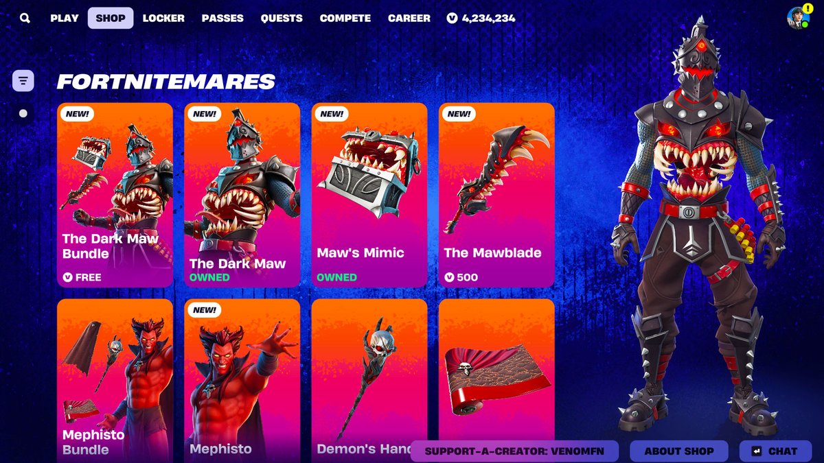 VenomFNx's tweet photo. *NEW* DARK MAW BLACK KNIGHT DROPS TONIGHT! + MEPHISTO RETURNS! | Fortnite Item Shop

https://t.co/ng6eolECuC https://t.co/kcmg8MpdOn