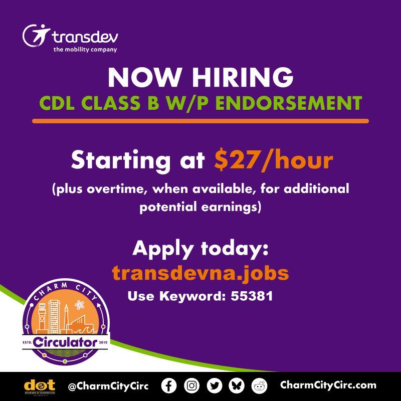 The Charm City Circulator is hiring! 📣

We’re currently looking to fill the following positions:
🚌 CDL Class B Driver
🛠️ Shop Clerk

Interested? Apply today at Transdevna.jobs — just type “55381” in the search bar to find these positions.

@bmorecitydot
