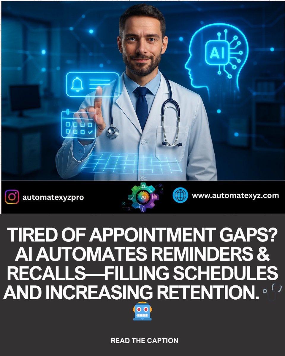 automatexyzpro's tweet image. Tired of appointment gaps? AI automates reminders & recalls—filling schedules and increasing retention. 🩺🤖