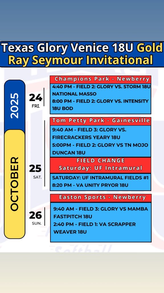 Excited to get back on the field next weekend with <a href="/Glory18u_Marino/">Texas Glory Venice 18U Gold - Marino</a> in Gainesville. 
<a href="/SCFManateesSB/">SCFManateesSB</a> <a href="/B_Sauerwein22/">Brett Sauerwein</a>