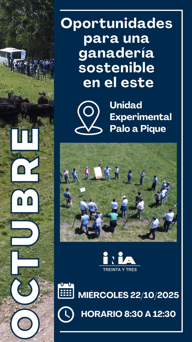 INIA_UY's tweet photo. 🚨 ¡Faltan solo 3 días!

Jornada de Campo UEPP – Oportunidades para una ganadería sostenible en el Este

📍 Palo a Pique- INIA Treinta y Tres
 🗓️ 22 de octubre | ⏰ 08:30–12:45

👉 Inscripciones y más info : https://t.co/JFbZbzxj6G
#GanaderíaSostenible #CampoNatural #UEPP https://t.co/9ogLLxQRS8