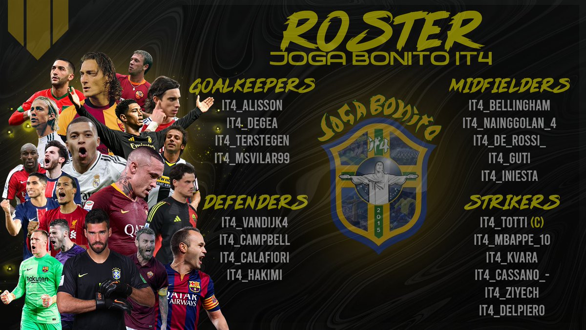 JogaBonitoIT4's tweet image. 👥|OFFICIAL ROSTER

🧤@IT4_Alisson @nikkoanser93 @lT4_TerStegen @iDave23x_

🛡️@IT4_VanDijk4 @wall_fs @TAMBURS_LT19 @IT4_Hakimi

📐@Ciruzzo1944 @IT4_Nainggolan4 @ZiSandrino @IT4_Guti @IT4_Iniesta

⚽️@Ita_F_Totti10 @IT4_Mbappe_10 @IT4_Kvara @EGiuntella @IT4_Ziyech  @Alessiolacascia