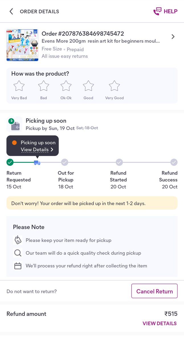 scriptriz's tweet image. I have returned my order, but no one has come to pick it up yet. There’s also been no response on the app or through email. This is really disappointing and frustrating @meesho_support