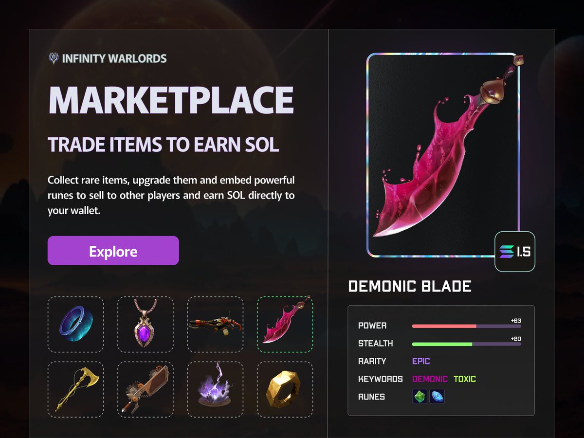 Trade items → Earn $SOL

Infinity Marketplace is LIVE!
We are ready to announce the new release our team has been working on for the last few weeks. Now you can trade in-game items with other players to earn $SOL.

Read the thread to know more details ⬇️