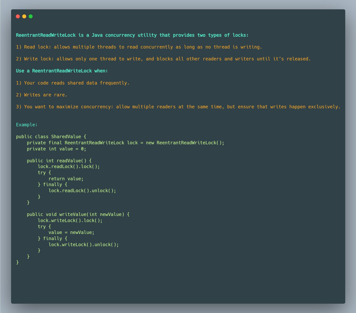 mario_casari's tweet image. 🚀 Use ReentrantReadWriteLock Java concurrence utility if you have to deal with frequent reads and fewer writes. #Java #JavaDev