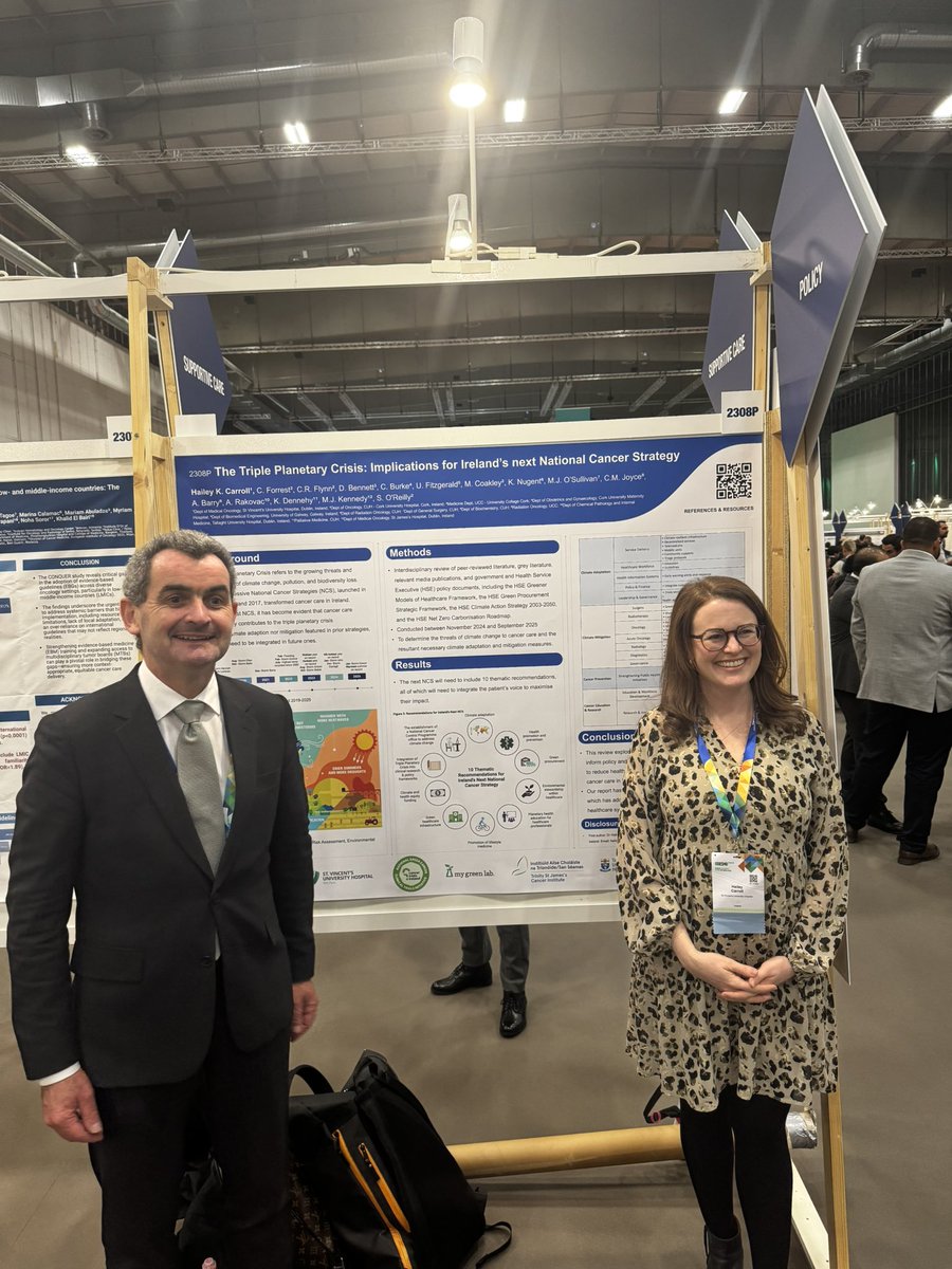 haileykcarroll's tweet image. Grateful for the opportunity to present our poster today at #ESMO2025 to highlight the impact of the Triple Planetary Crisis on oncology care in 🇮🇪 & what we have done, can do, and should do about it. Thanks to all my multi-d co-authors & my amazing mentor @Seamusoreilly18 💫🌎