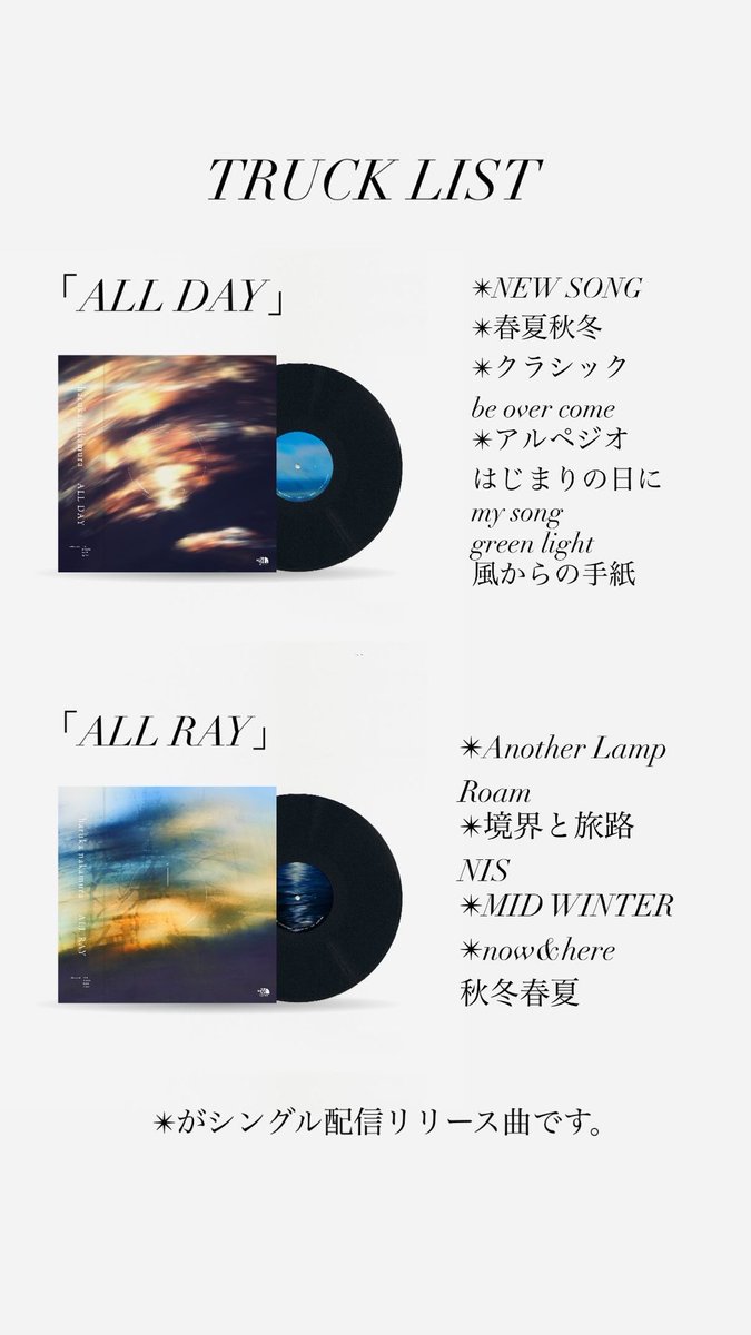 haruka nakamura/TRUCK LIST

【ALL DAY】
✴︎NEW SONG
✴︎春夏秋冬
✴︎クラシック
be over come
✴︎アルペジオ
はじまりの日に
my song
green light
風からの手紙

【ALL RAY】
✴︎Another Lamp
Roam 
✴︎境界と旅路
NIS
✴︎MID WINTER
✴︎now&amp;here
秋冬春夏

✴︎はシングル配信リリース曲。