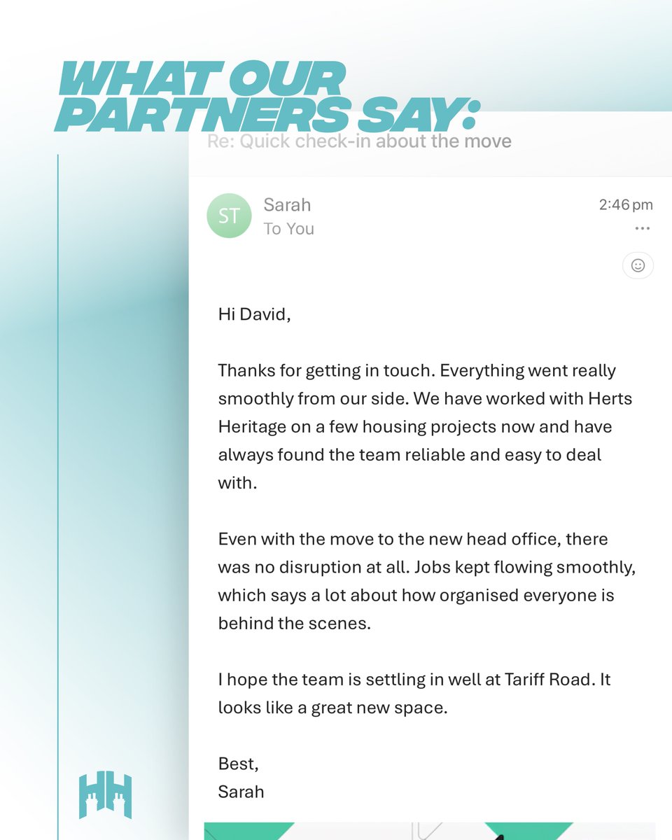 Feedback like this means a lot.
Even through our move to Tariff Road, our teams kept every project on track.
Proud of everyone who made it happen. #TeamHertsHeritage