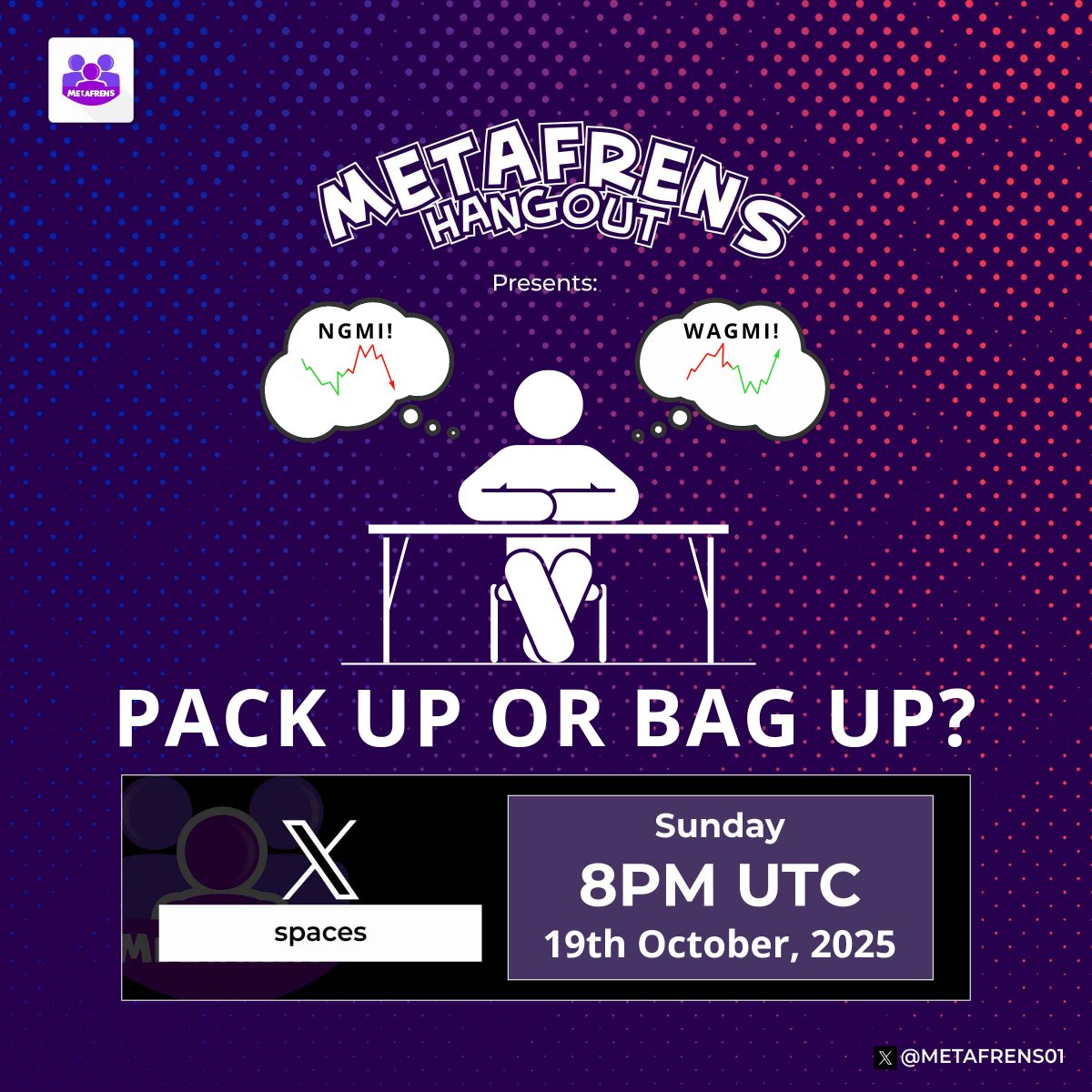 Join us tonight for another enlightening session of Metafrens Hangout.

We'll be discussing the recent events in the web3 space, from the outcome of recent airdrops to new and upcoming strategies across the web3 space.. 

Don’t miss out on this opportunity to share your thoughts,