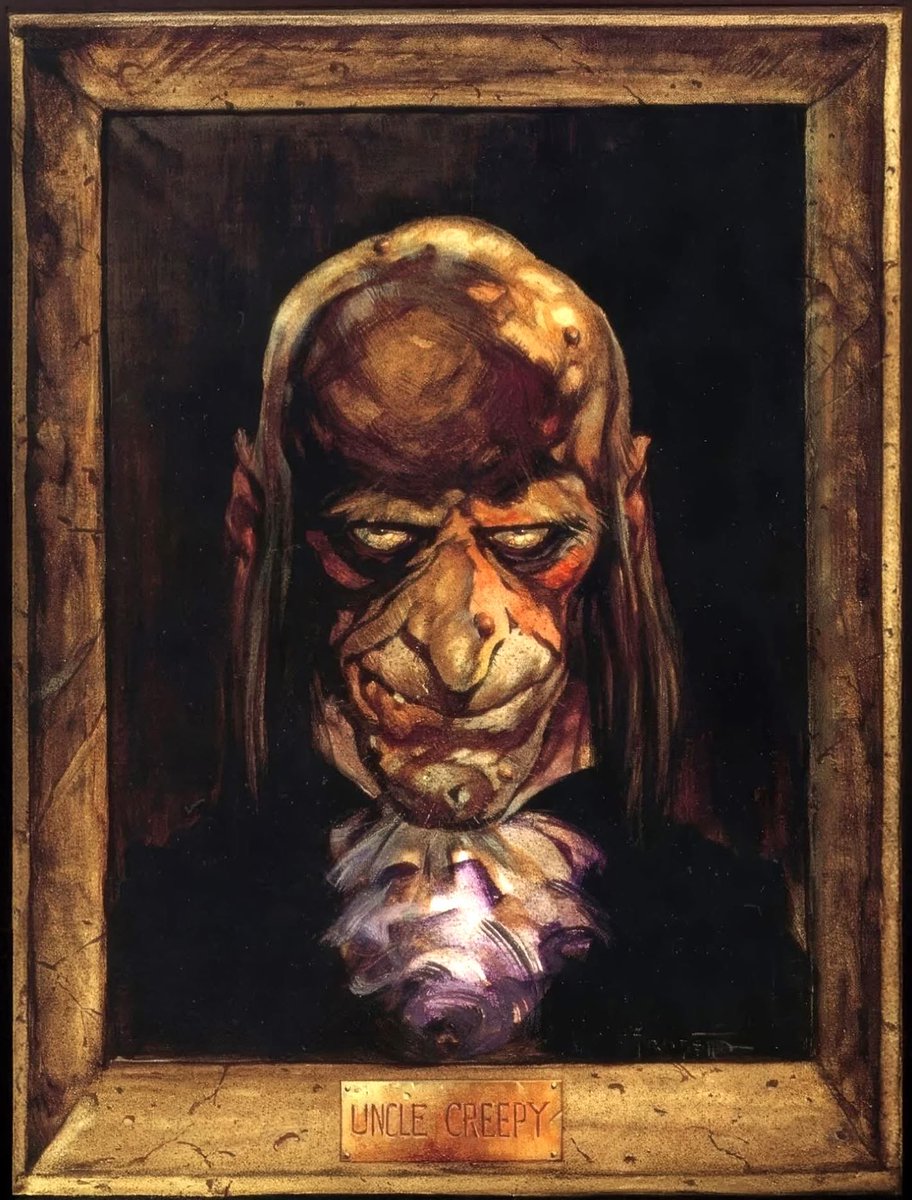 Frank Frazetta’s 1966 portrait of Uncle Creepy oozes that wicked charm and shadowy humor that defined Warren Publishing’s horror heyday.