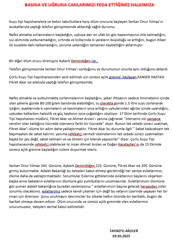 tayad86's tweet photo. Ölüm orucunda olan Serkan Onur Yılmaz, Ayberk Demirdöğen ve Süresiz Açlık Grevinde olan Fikret Akar'ın sağlık durumuyla ilgili yaptığımız kamuoyu bilgilendirmesinin metni. 

#KuyuTipiHapishanelerKapatılsın https://t.co/IFwgqoUd3t