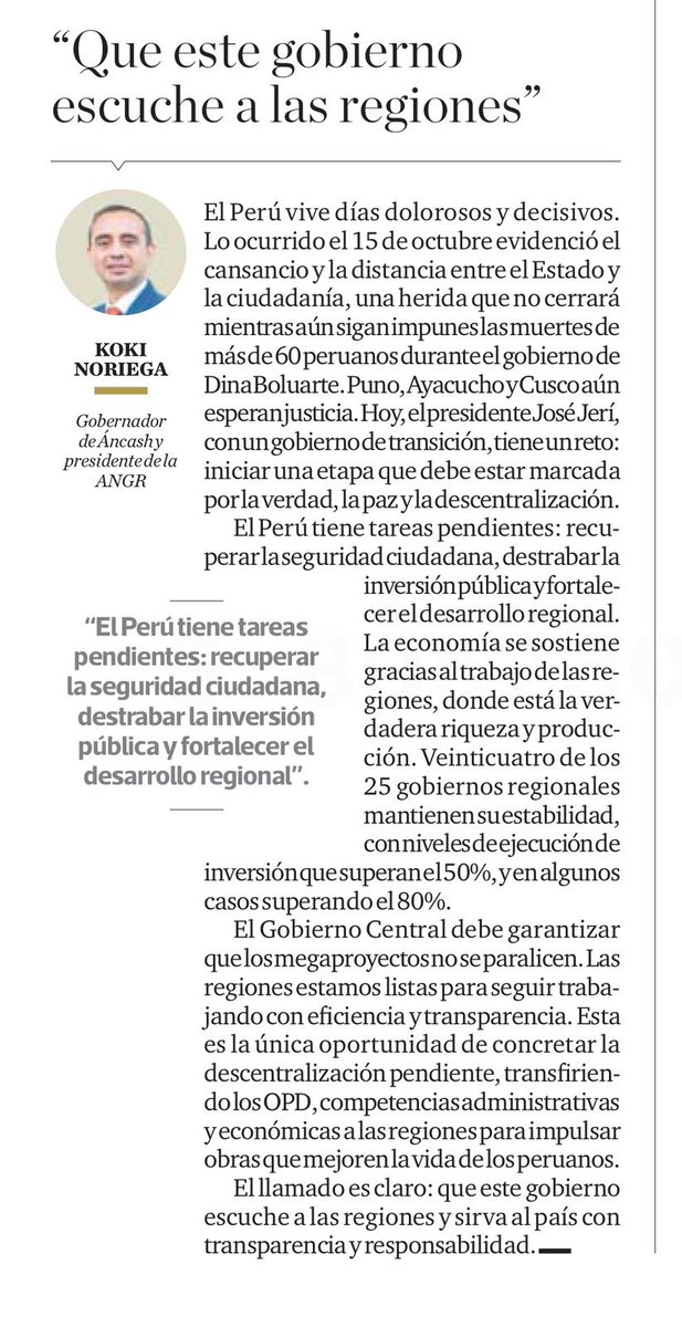 KokiNoriegaB's tweet photo. ¡ Que este gobierno escuche a las regiones !
El Perú tiene tareas pendientes: recuperar la seguridad ciudadana, destrabar la inversión pública y fortalecer el desarrollo regional.

💪 Desde las regiones, reafirmamos nuestro compromiso de seguir trabajando con eficiencia, transparencia y responsabilidad por un país más justo y equitativo.
Grcias @elcomercio_peru @ANGR_Oficial