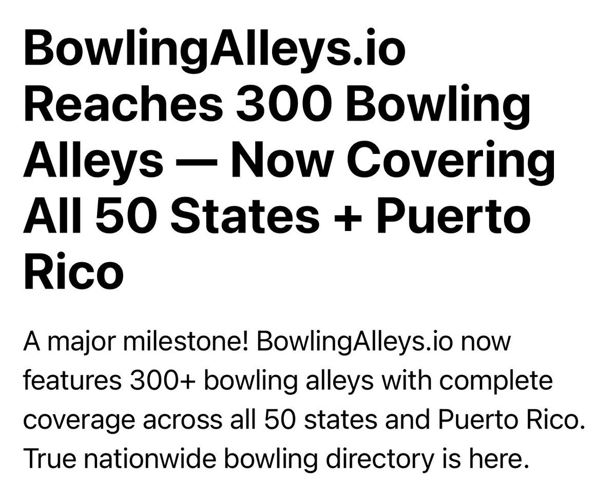 Day 8 of #100DaysOfCode 

I am literally waking up every morning and adding #bowling alleys to my little passion project. 

Today we crossed 300 🎳 

With everything from pricing, accessibility, and league availability

Adding as much as I can 😂

bowlingalleys.io