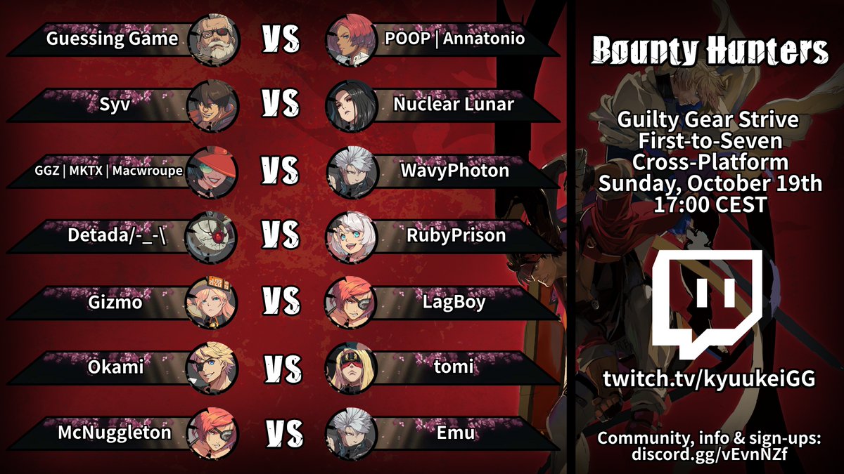 kyuukei's tweet image. Bounty Hunters is back, and returns to the regular weekly schedule! You can once again expect FT7 show-matches for Guilty Gear Strive every Sunday starting at 5PM CEST! Speaking of which, check out what we got in store for tonight:

See you @ twitch.tv/kyuukeiGG in 30 minutes
