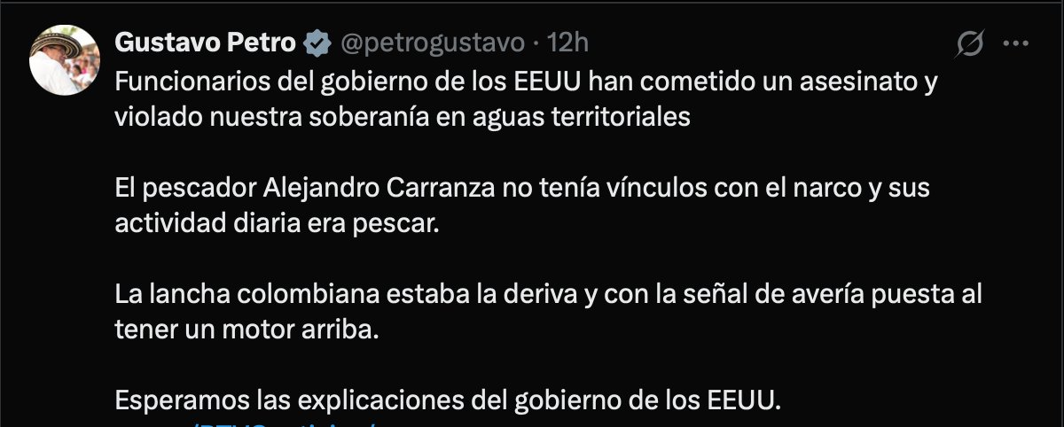 ○ ¿Sabe <a href="/petrogustavo/">Gustavo Petro</a>  que el “humilde pescador” que presenta como víctima de un supuesto bombardeo estadounidense es Alejandro Carranza Medina, alias “Coroncoro”, procesado por la <a href="/FiscaliaCol/">Fiscalía Colombia</a>  en 2016 por su presunta participación en el hurto y venta de más de cien armas de la