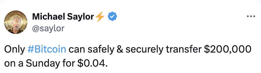 Only #Bitcoin can safely &amp; securely transfer $200,000 on a Sunday for $0.04.