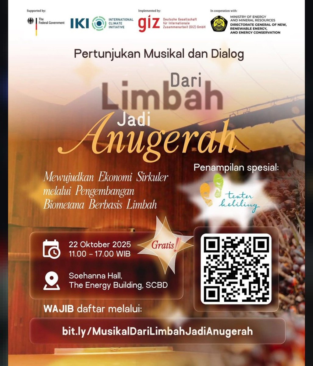 setiadiesta's tweet image. When art meets nature, stories come alive 🎭

Teater Keliling berkolaborasi bersama GIZ Indonesia menghadirkan Musical Theatre "BIOMETANA" - sebuah perayaan imajinasi, energi hijau, dan semangat manusia untuk beradaptasi.

registrasi: bit.ly/MusikalDariLim…

#EventGratis