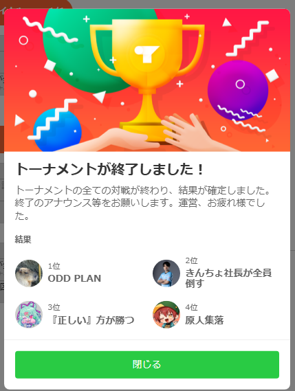 chihatantantan's tweet photo. 🌟🎉 ちはたんCUP#8 第5部 ~5on5の部~ 結果発表! 🎉🌟
🏆 優勝チーム:ODD PLAN🏆
・おらりん(#orachaaaaaan)
・ピーポーくん(#pipokun2011)
・トモロック(#tomorock21dj)
・ざぶとん(#zabutonn_)
・みつめ(#MitsuMEeee)
となりました!!
GFでもリセットされずに無敗のまま優勝!!
おめでとうございます!!🎊✨