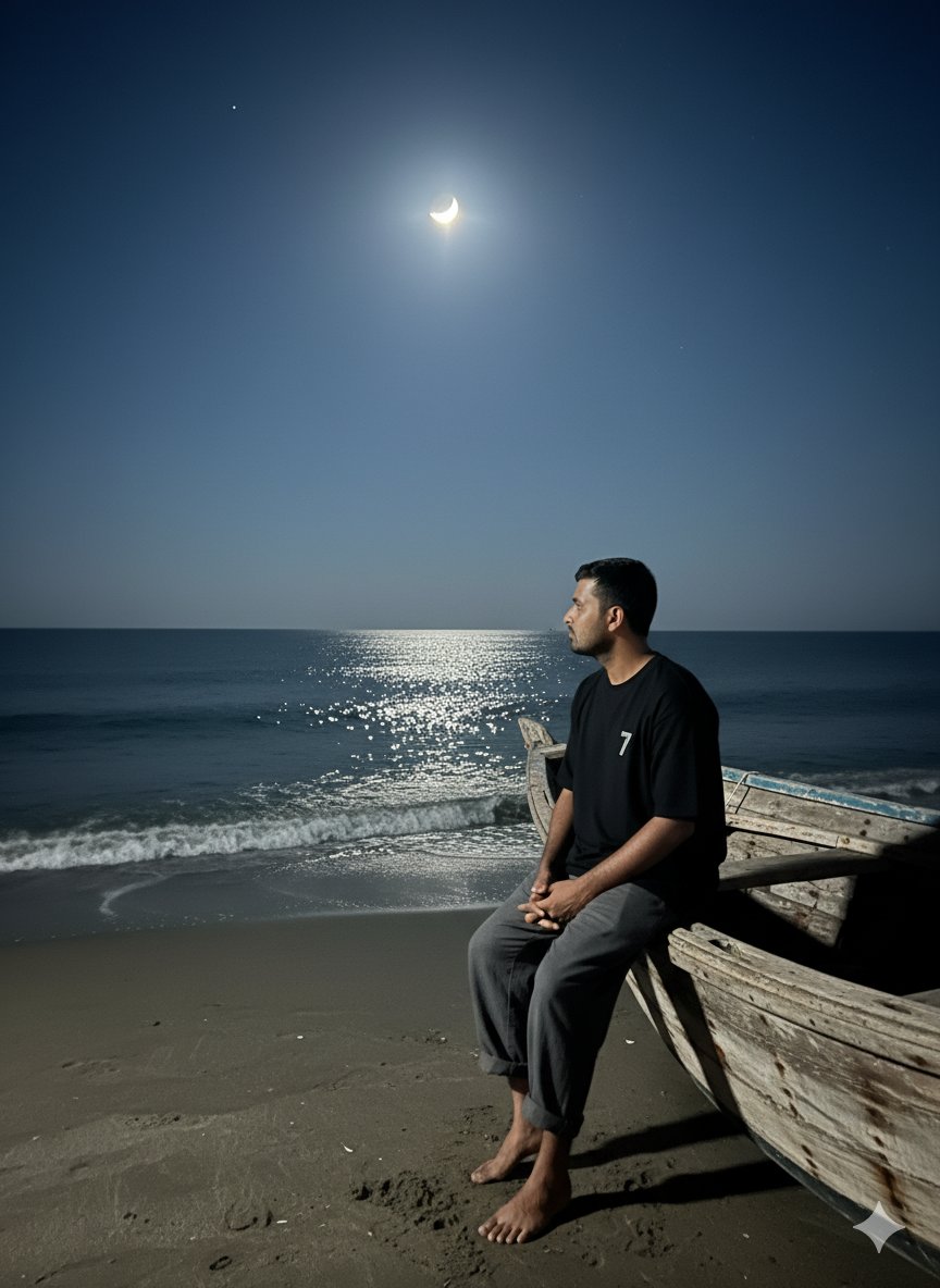 sonucnc's tweet image. Night Beach Vibes With Gemini Nano Banana Prompt:
{
"scene": "quiet beach at night under a clear sky",
"description": "A young man with neat black hair sits alone on the same old, weathered boat, now resting under the night sky by the calm sea.",
"action": "He gazes toward…