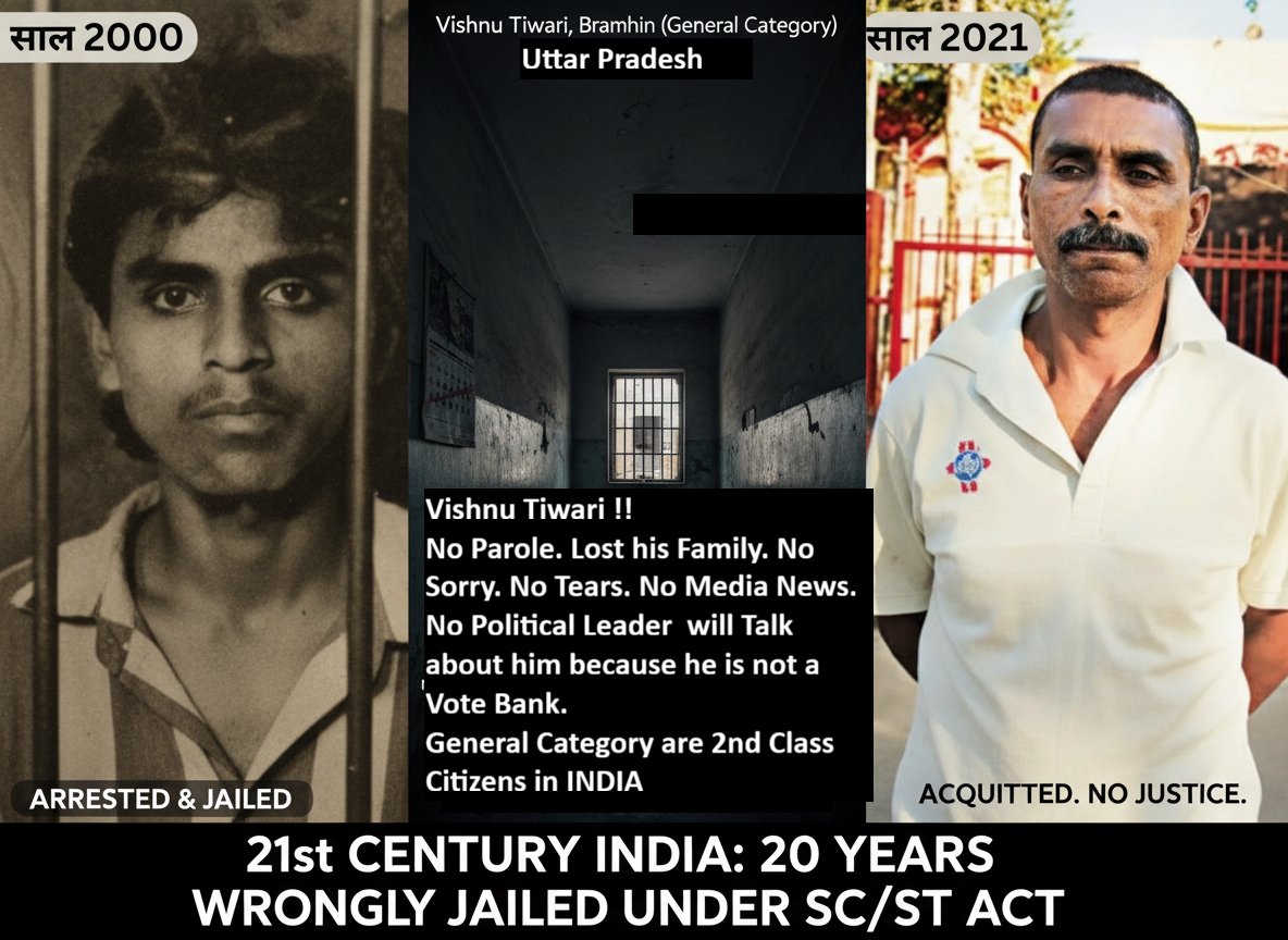 Meet - Vishnu Tiwari
From: Lalitpur district, Uttar Pradesh
Caste: Brahmin (General Category)
Law Invoked:  The SC and the ST (Prevention of Atrocities) Act, 1989

Timeline of Injustice Under the SC/ST Act

Jailed In: 2000 (Arrested &amp; jailed at age 23)
Acquitted In: 2021 (After