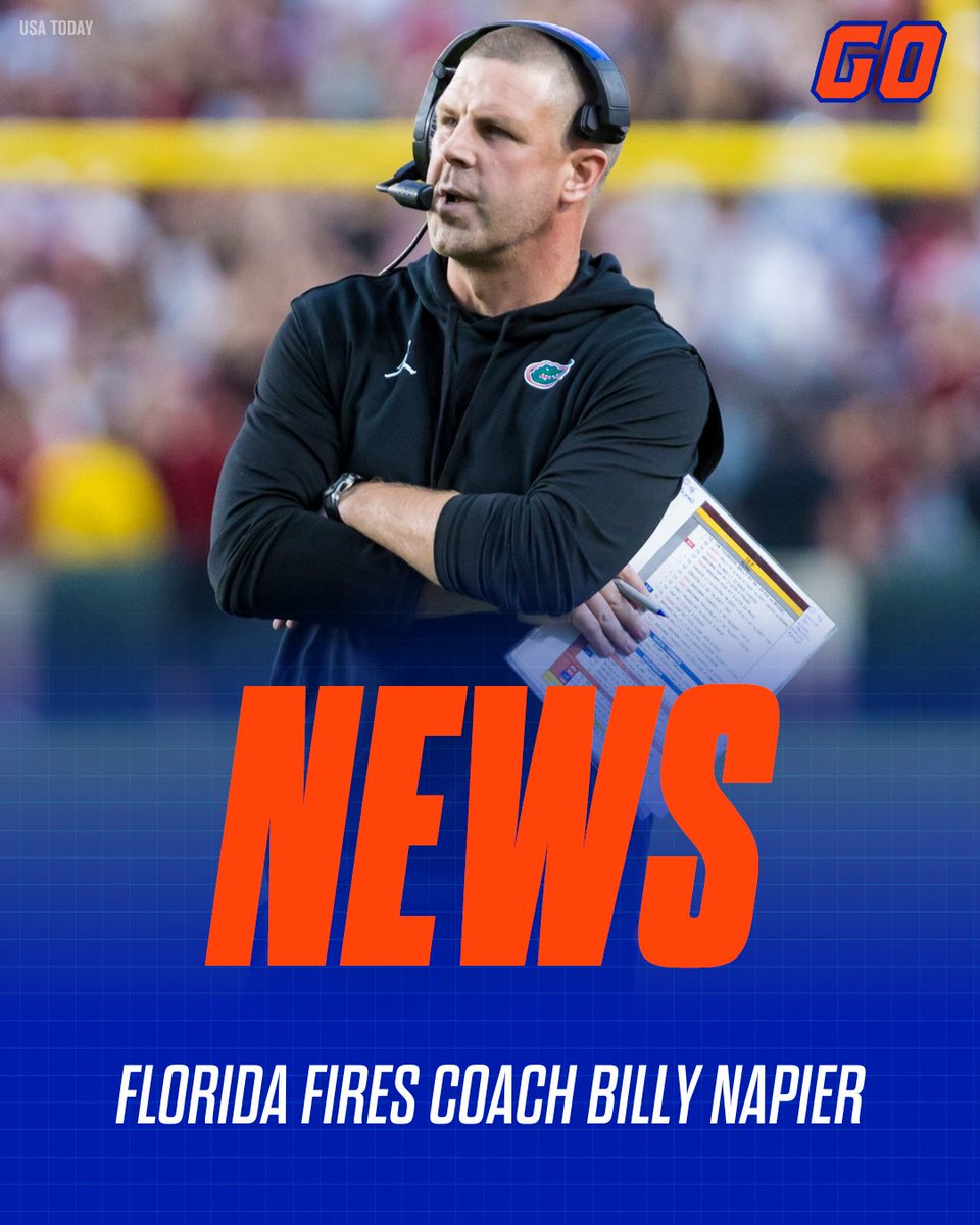 ZachAbolverdi's tweet photo. BREAKING: Florida parts ways with coach Billy Napier, per @FootballScoop.  

Napier went 22-23 in three and a half seasons at UF.

STORY: https://t.co/5oDK0FPTWi https://t.co/kgnX7JjihQ