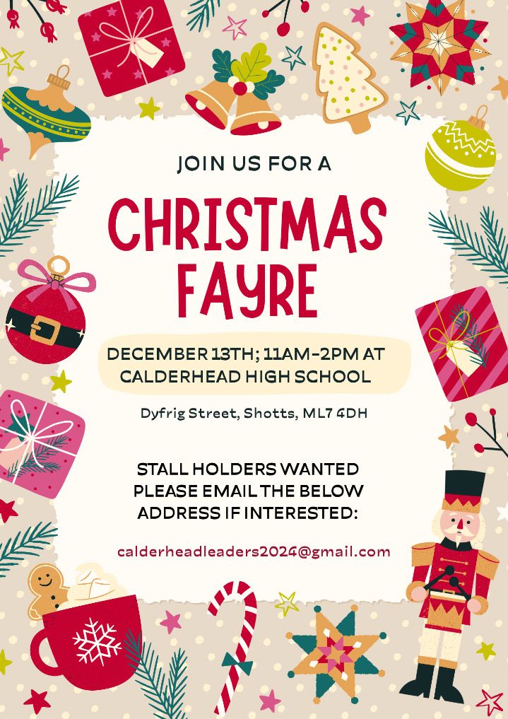 CHS Parent Council (@calderheadpc) on Twitter photo It's Calderhead High School's Christmas Fayre on 13th December. Our senior pupils are looking for crafters and small businesses who might be interested in hosting a stall. Please share and / or get in touch if you are interested. <a href="/CalderheadHS/">Calderhead HS</a> <a href="/CHS_Prefects/">Calderhead Captains & Prefects</a> It's Calderhead High School's Christmas Fayre on 13th December. Our senior pupils are looking for crafters and small businesses who might be interested in hosting a stall. Please share and / or get in touch if you are interested. <a href="/CalderheadHS/">Calderhead HS</a> <a href="/CHS_Prefects/">Calderhead Captains & Prefects</a>