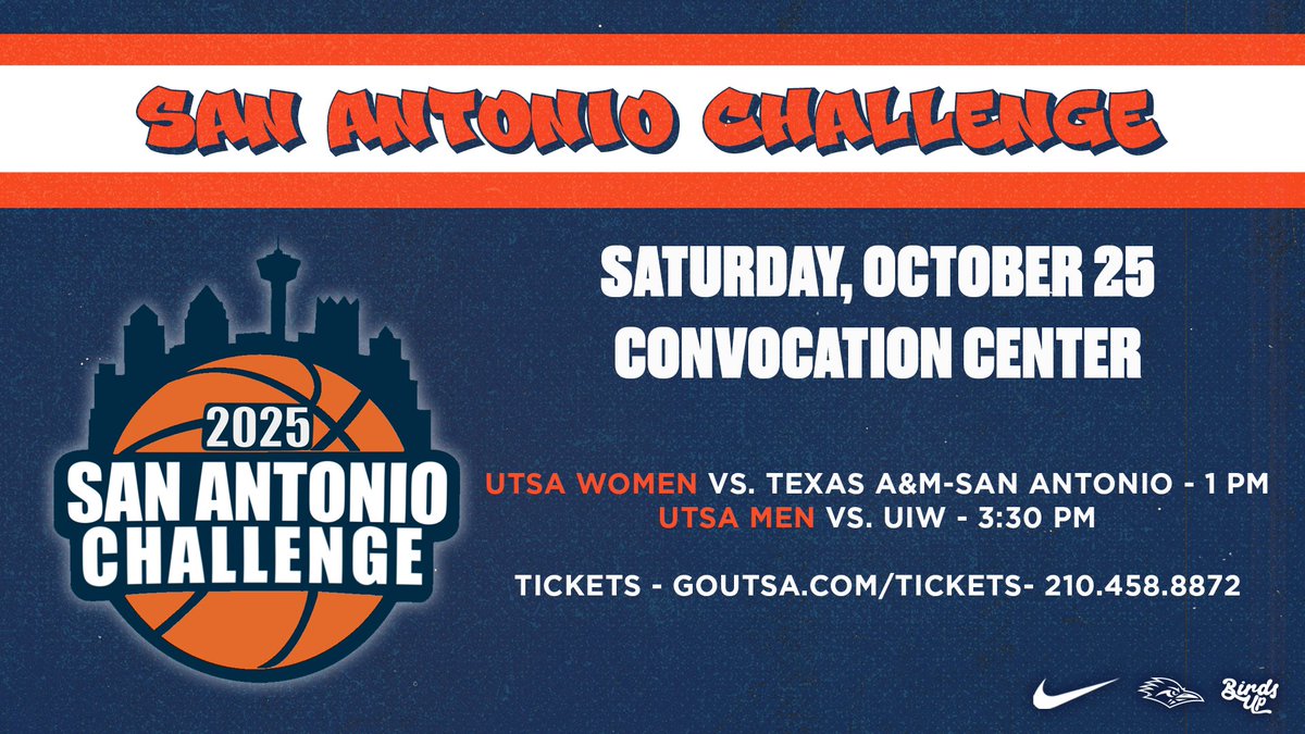 UTSA Athletics (@utsaathletics) on Twitter photo Come out to the San Antonio Challenge this Saturday. 
It's an opportunity to watch some great basketball and directly support UTSA basketball student-athletes!
📝utsa.pro/3IyYZ15
#BirdsUp 🤙 #LetsGo210 Come out to the San Antonio Challenge this Saturday. 
It's an opportunity to watch some great basketball and directly support UTSA basketball student-athletes!
📝utsa.pro/3IyYZ15
#BirdsUp 🤙 #LetsGo210