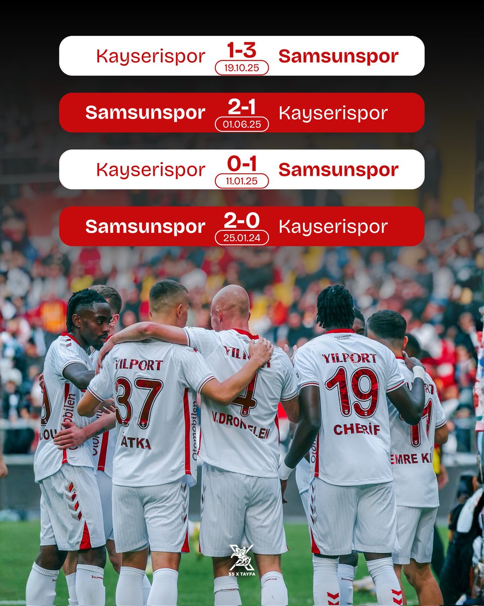 🆚 Samsunspor ve Kayserispor arasında oynanan son dört karşılaşmada da kazanan taraf Samsunspor oldu. 4/4 ✅

#Samsunspor | #KYSvSAM