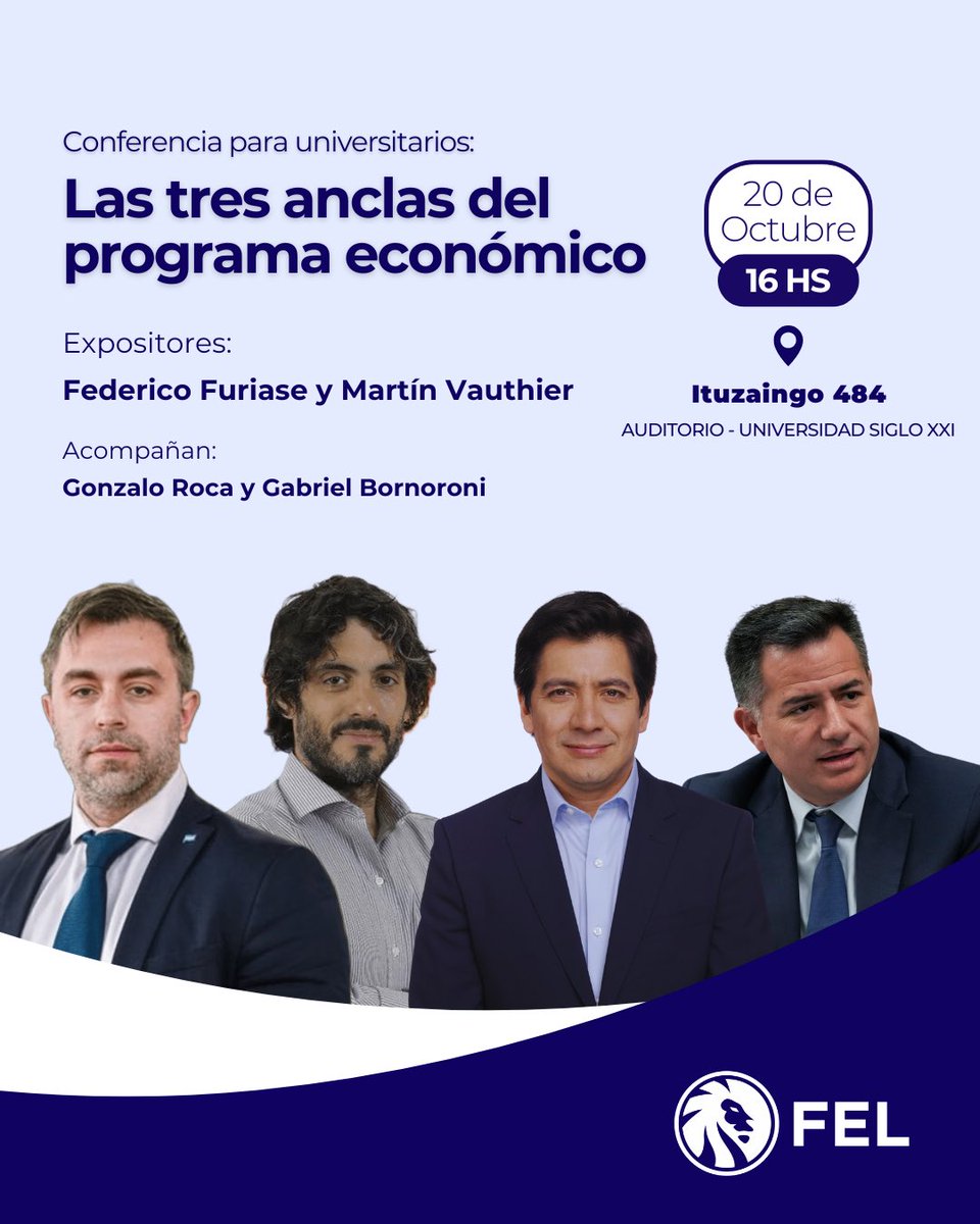 Desde FEL traemos una conferencia imperdible sobre economía y libertad 🇦🇷

Federico Furiase (director del BCRA) y Martín Vauthier (director del BICE) disertarán junto al candidato a Diputado Nacional Gonzalo Roca y Gabriel Bornoroni. 

➡️ ¡información e Inscripciones por privado!