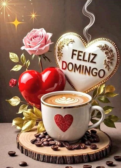A white coffee cup with intricate red heart designs on its surface filled with creamy latte foam forming a leaf pattern sits on a round wooden base scattered with dark coffee beans. Surrounding the cup are clusters of green leaves a vibrant pink rose with droplets a glossy red heart-shaped object and a large ornate golden plaque shaped like a heart with white filigree detailing inscribed with the words Feliz Domingo in flowing script. The arrangement is set against a soft gray background with subtle sparkles.