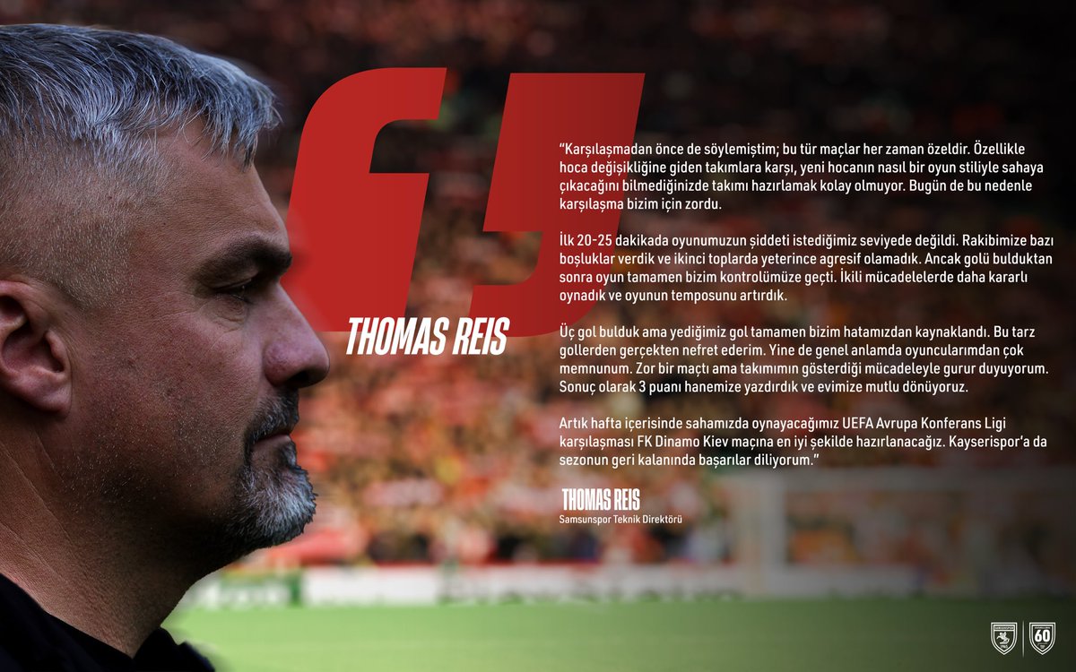 Teknik Direktörümüz Thomas Reis, Zecorner Kayserispor maçı sonrası açıklamalarda bulundu.
 
🔗 Detaylar Web Sitemizde
👉 bit.ly/3Jh3zBA
 
#KYSvSAM #Samsunspor #AtatürklüArma #ThomasReis