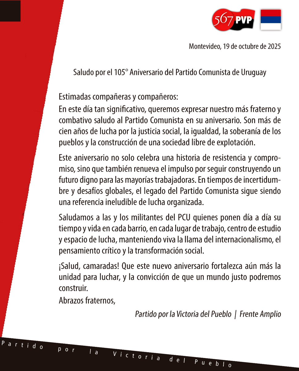 PVP_Espacio567's tweet photo. "¡Salud camaradas! Que este nuevo aniversario fortalezca aún más la unidad para luchar, y la convicción de que un mundo justo podemos construír"
@pcu_uy 

#PVP50años 
#IzquierdaViva https://t.co/u8Q9IMW6kK