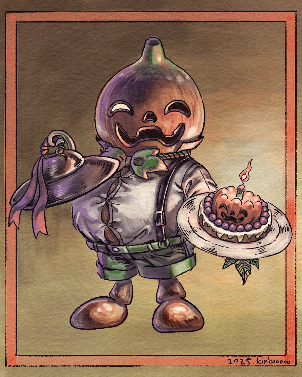 「瓢箪小僧　Halloween version.2025」
鳥山石燕『百器徒然袋』に描かれている瓢箪の妖怪変化。この本は器物の妖怪を主題にしているので、瓢箪小僧も植物ではなく容器としての瓢箪だと思われる。
#瓢箪小僧　#妖怪　#お化け
#ハロウィンイラスト　#イラスト
#halloween #illustration #digitalart