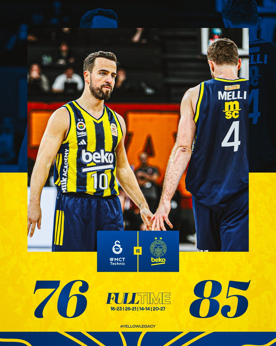 MAÇ BİZİM! 💪

Tebrikler Fenerbahçe Beko! 👏

Maç Sonucu | Galatasaray MCT Technic 🆚 Fenerbahçe Beko: 76-85

Skor dağılımımız: Melli 18, Biberovic 18, Wilbekin 10, Hall 11, Baldwin 6, Jantunen 5, Onuralp 5, Birch 5, Melih 3, Metecan 2, Bacot 2. #YellowLegacy