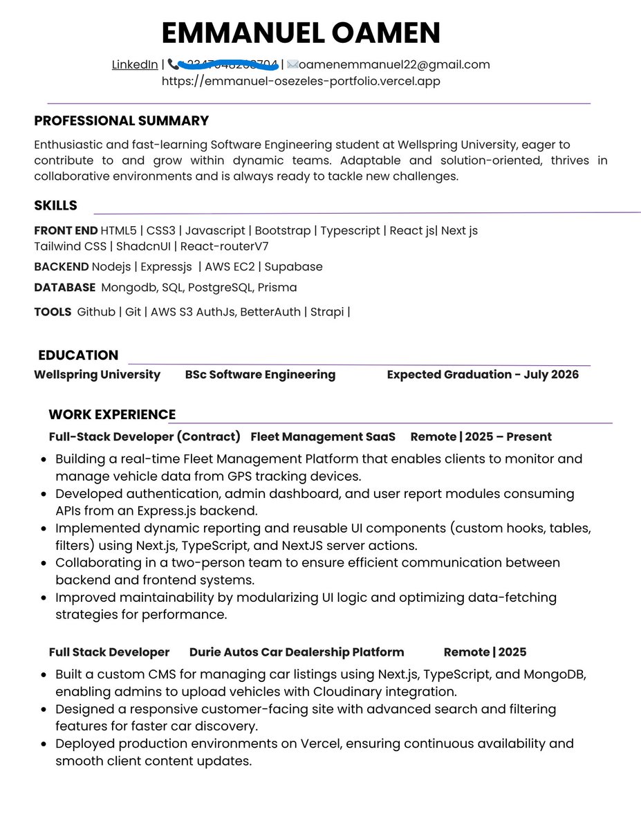 oamen_emmanuel6's tweet image. This time last year, this resume was empty. Grateful to Jesus for growth🙏
I'm a full-stack web developer who takes responsibility for owning and delivering on software products in the team.
Always open to connecting with founders, devs, and teams working on impactful ideas