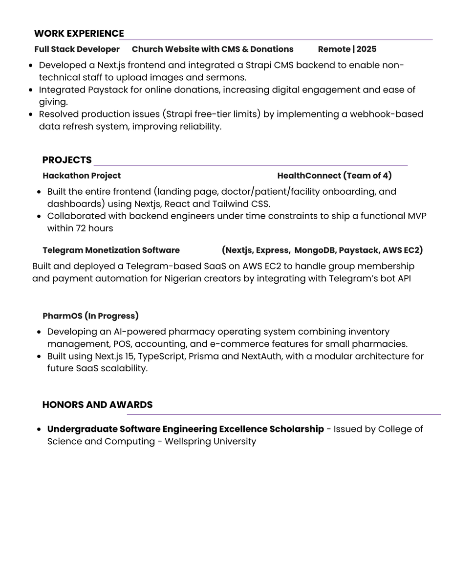oamen_emmanuel6's tweet image. This time last year, this resume was empty. Grateful to Jesus for growth🙏
I'm a full-stack web developer who takes responsibility for owning and delivering on software products in the team.
Always open to connecting with founders, devs, and teams working on impactful ideas